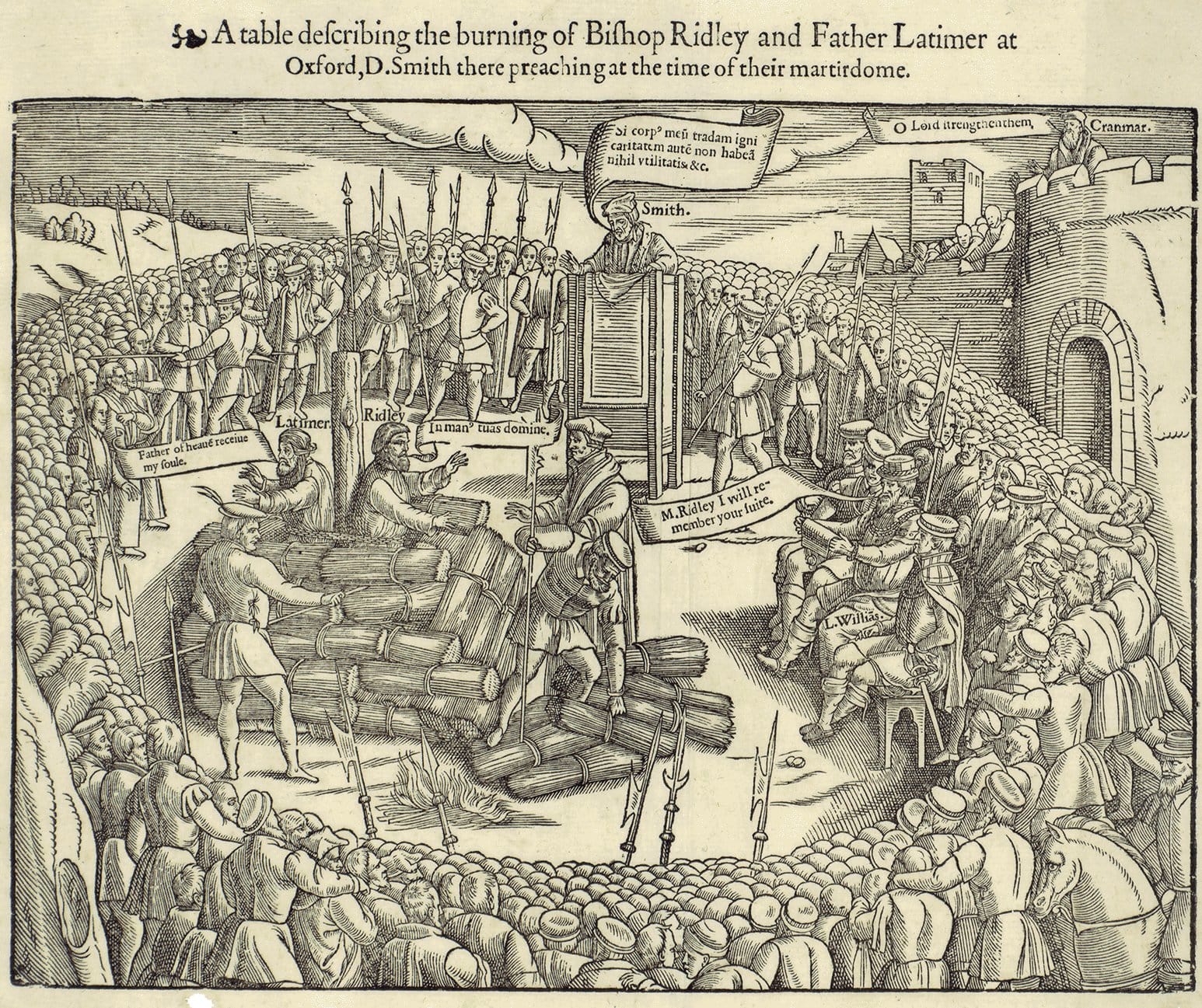 Protestant bishops Latimer and Ridley were burnt in 1555 as heretics during the reign of Mary I